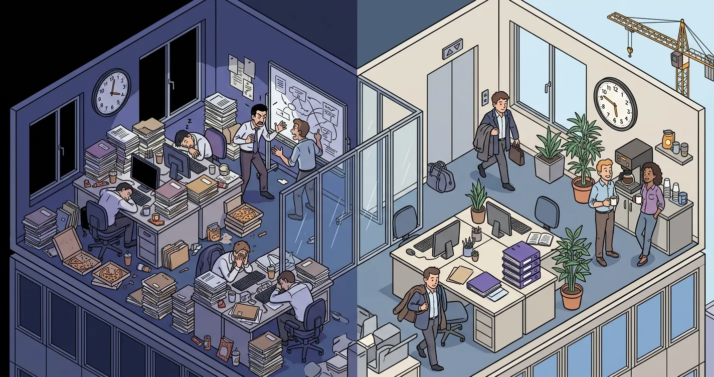 Le même plateau de bureaux montré deux fois : à gauche une nuit de travail enseveli sous les piles de dossiers, à droite la même équipe qui part à l'heure, le plateau dégagé.