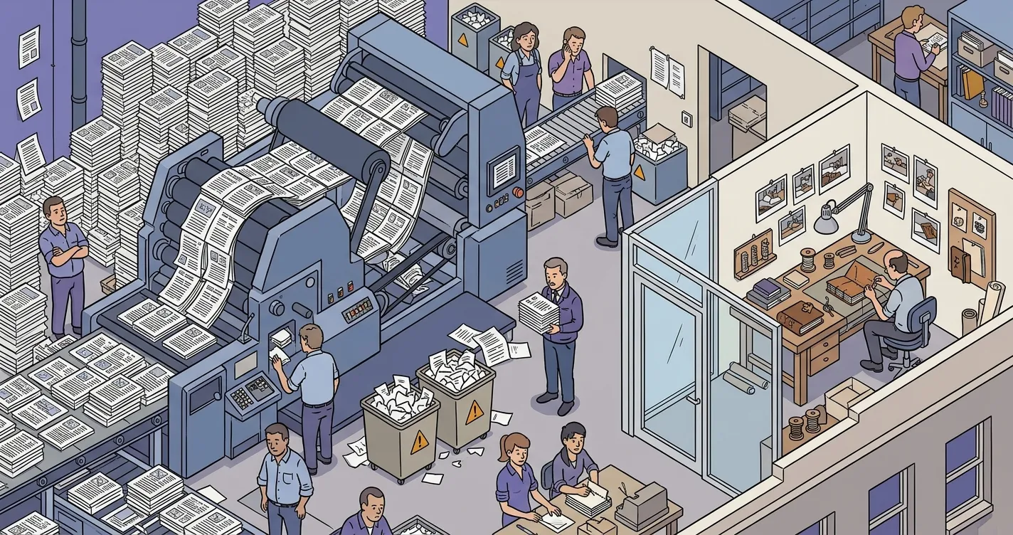 Une imprimerie industrielle empile des centaines de mémoires techniques identiques, tandis qu'un artisan en assemble un seul à la main dans un atelier vitré à l'écart.