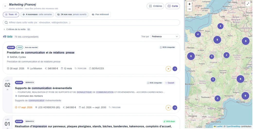 Recherche d'appels d'offres dans Gonao, résultats filtrés à gauche et répartition géographique sur une carte de France à droite